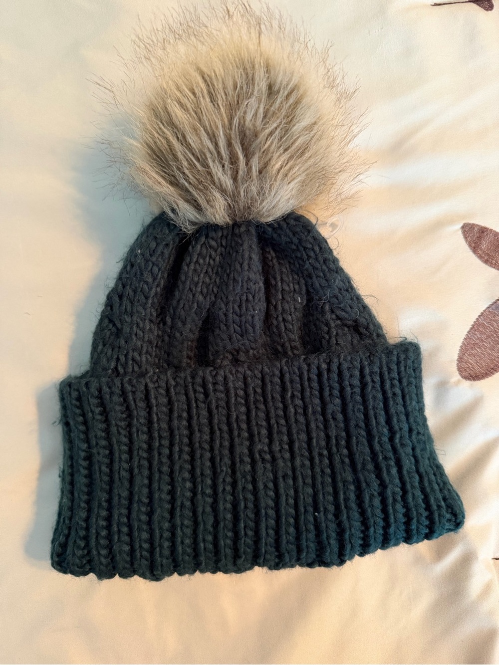 Express Dark Gray Knit Beanie Hat with Faux Fur Pom Pom One Size